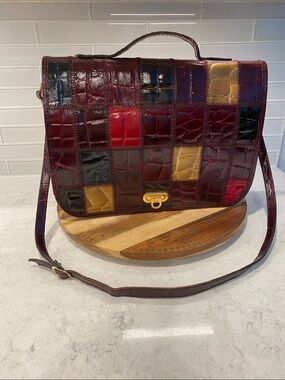 Patchwork Croc-Embossed leather Satchel in Burgundy Multi